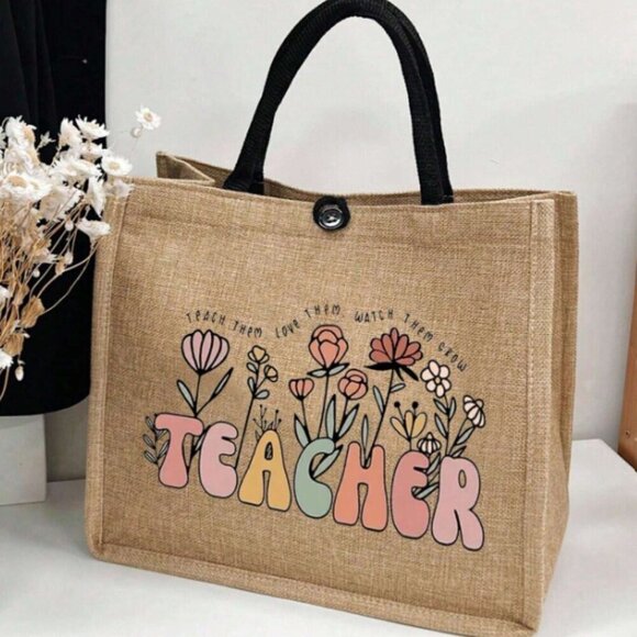 Teacher Bag Teach Them Love Them Watch Them Grow Canvas Double Handle - Picture 2 of 3